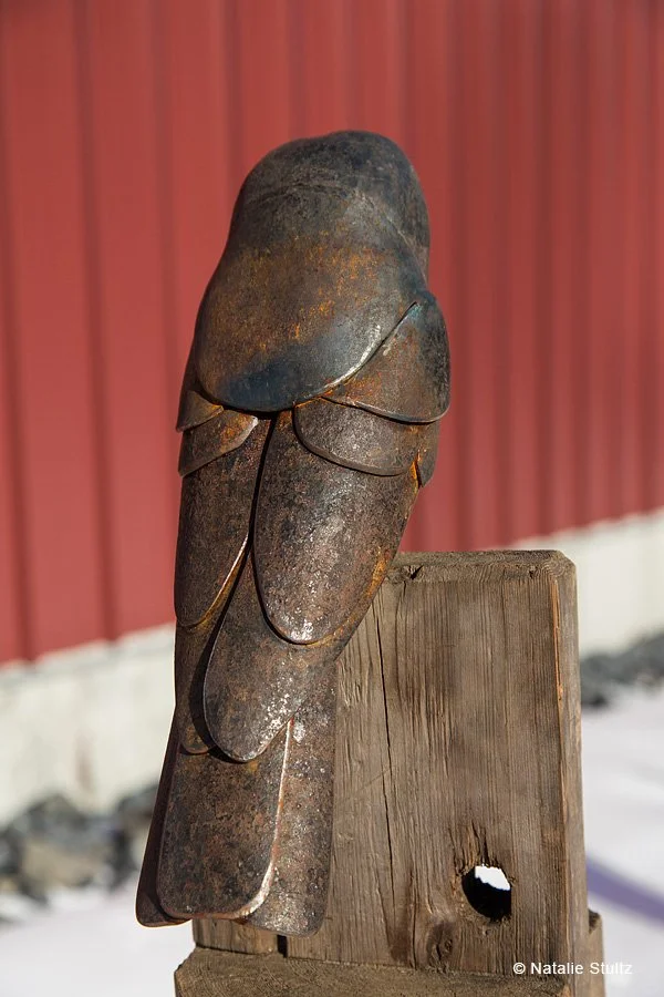 Rusty metal sculpture of a bird perched on a wooden block outdoors, with a red vertical-siding building in the background.
