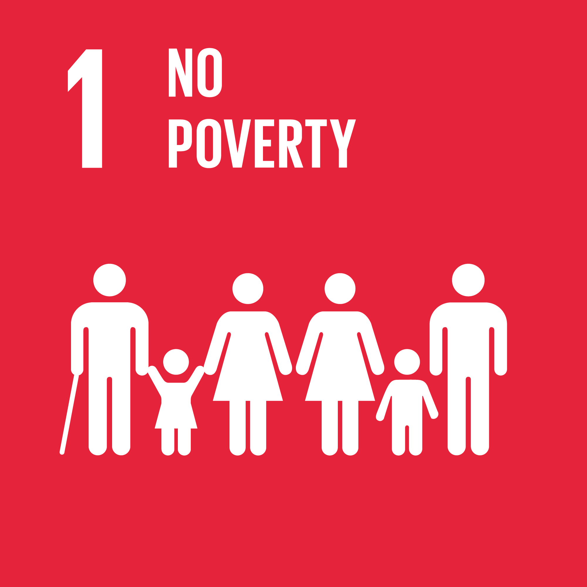 Red background with white minimalist human figures holding hands, and a large white bar with the text '1 NO POVERTY'.