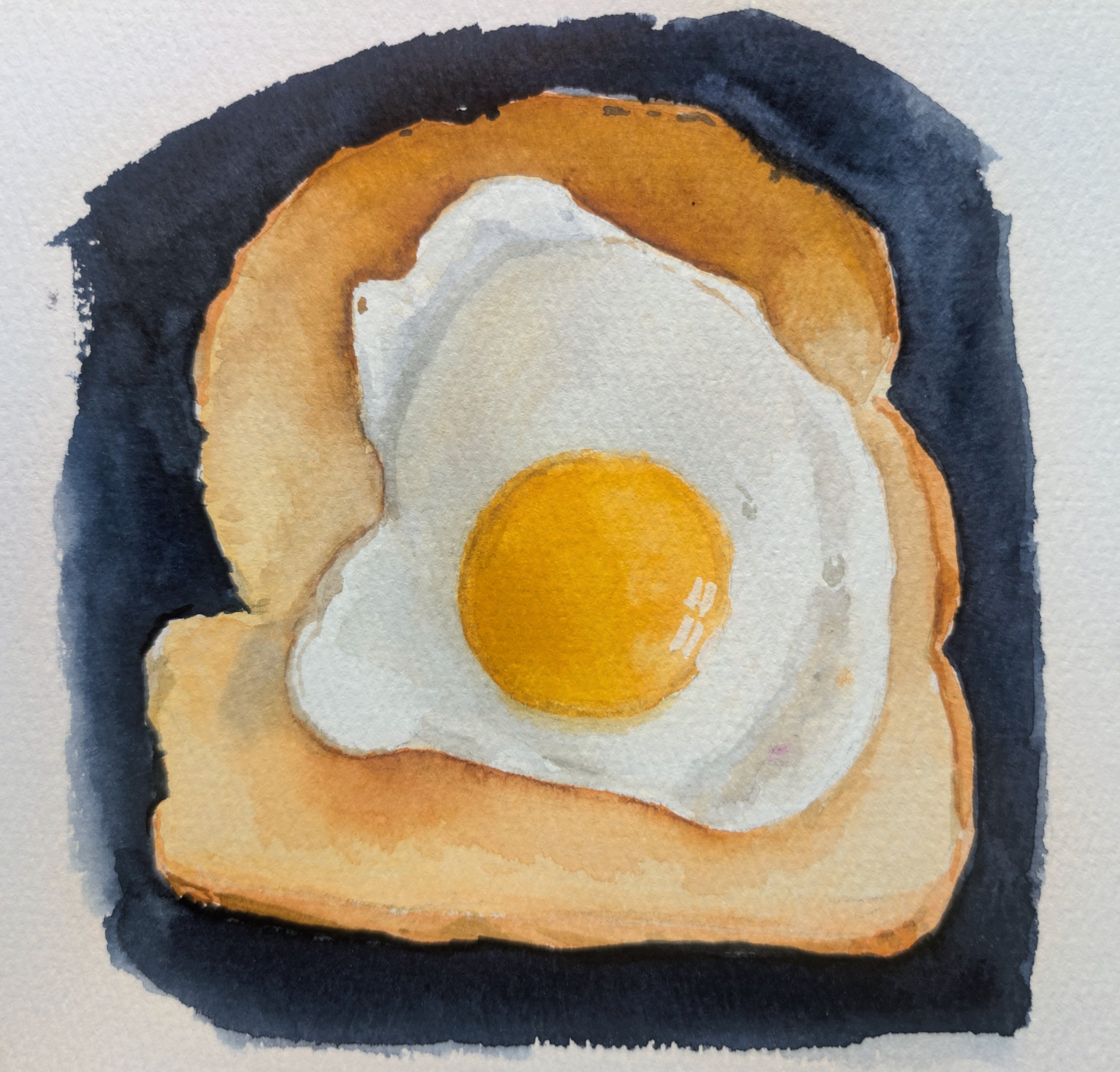 Watercolor painting of a sunny-side-up egg with a yellow yolk, surrounded by abstract black, brown, and cream-colored shapes.