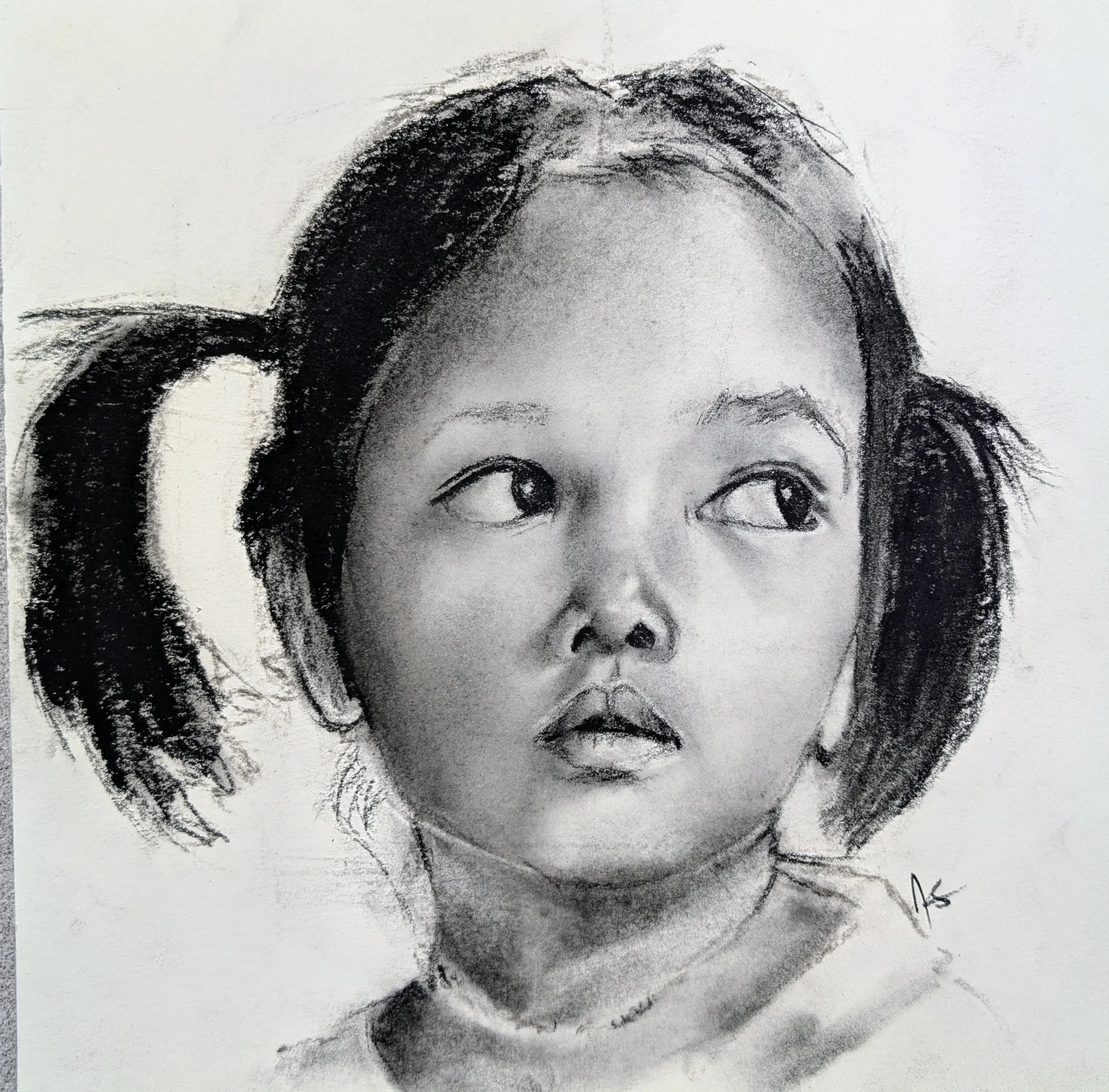 Sketch of a young girl with glasses and long hair, resting her head on her hand.