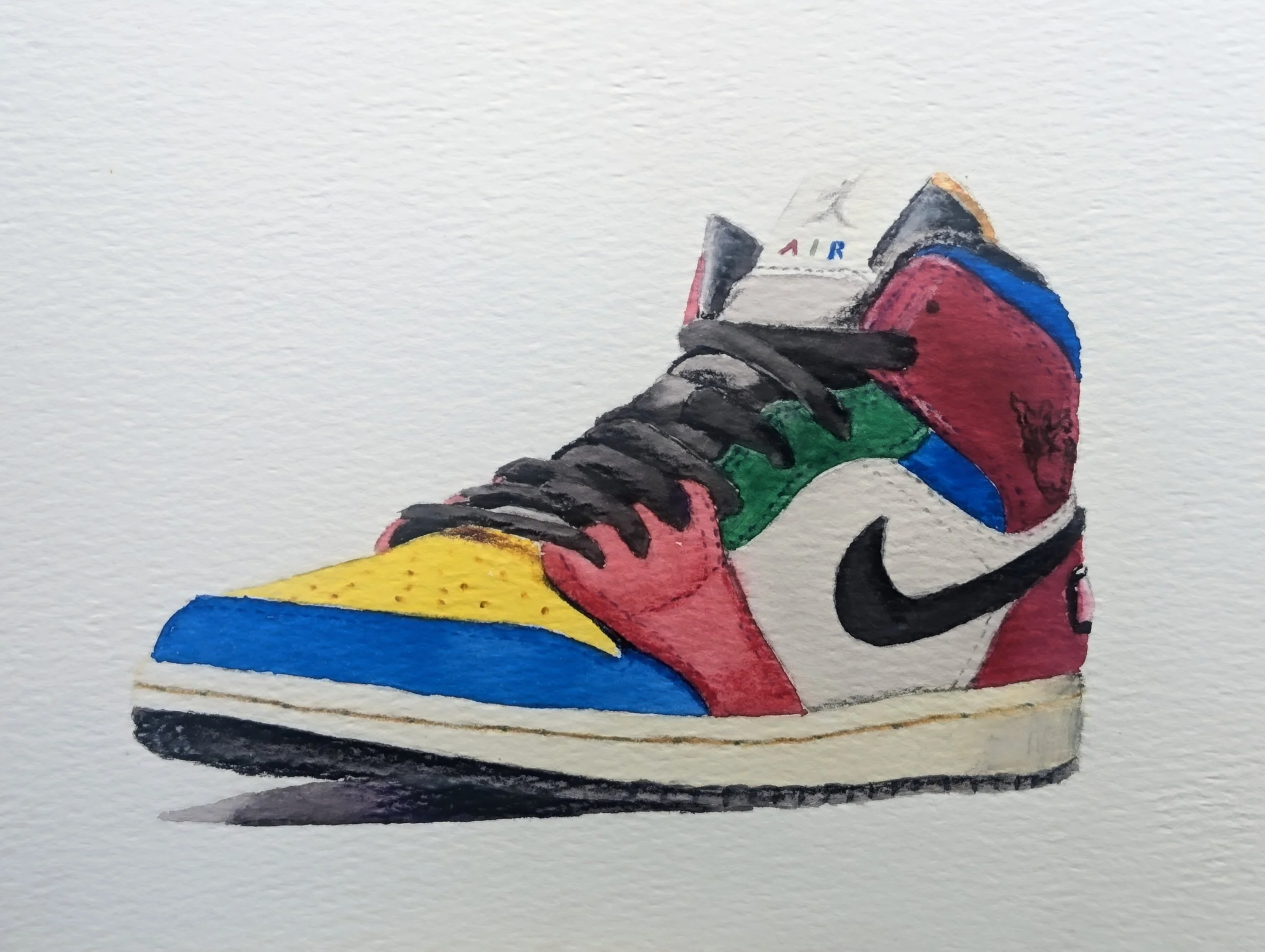 Colorful hand-drawn illustration of a sneaker with multicolored sections and detailed laces.