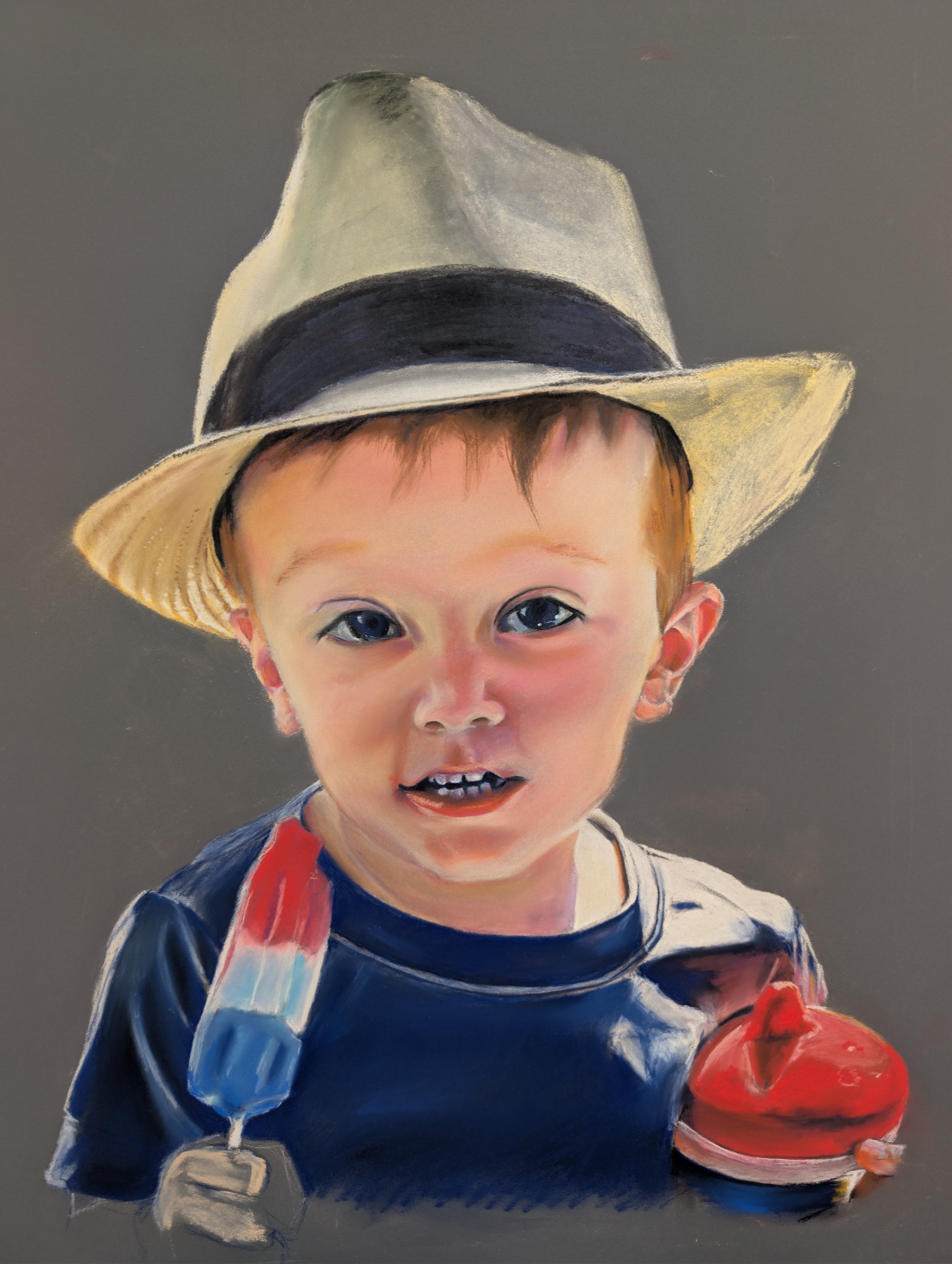 A painting of a young child with blue eyes and brown hair, wearing a navy blue shirt with white stripes, a straw hat with a black band, and holding a watermelon. The background is gray.