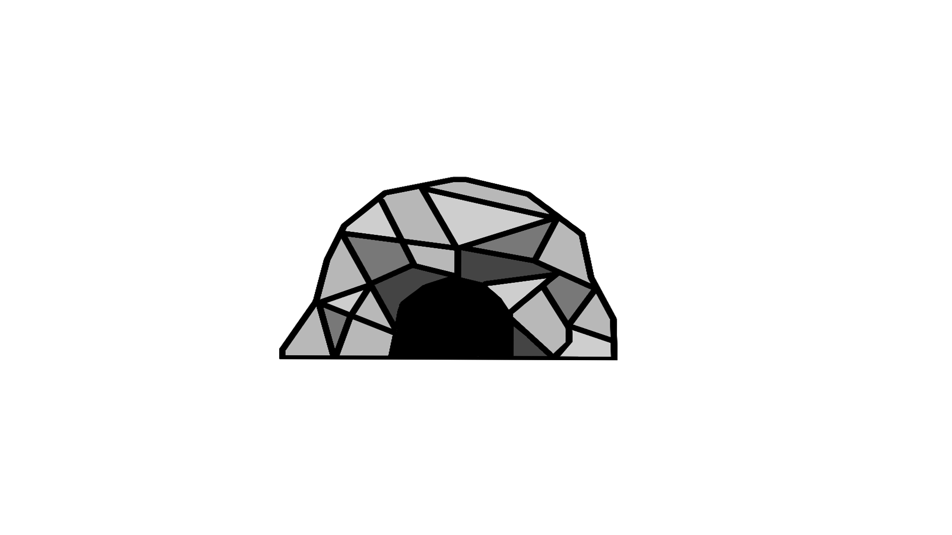 A stylized graphic of a cave composed of geometric, mosaic-like shapes in shades of gray.