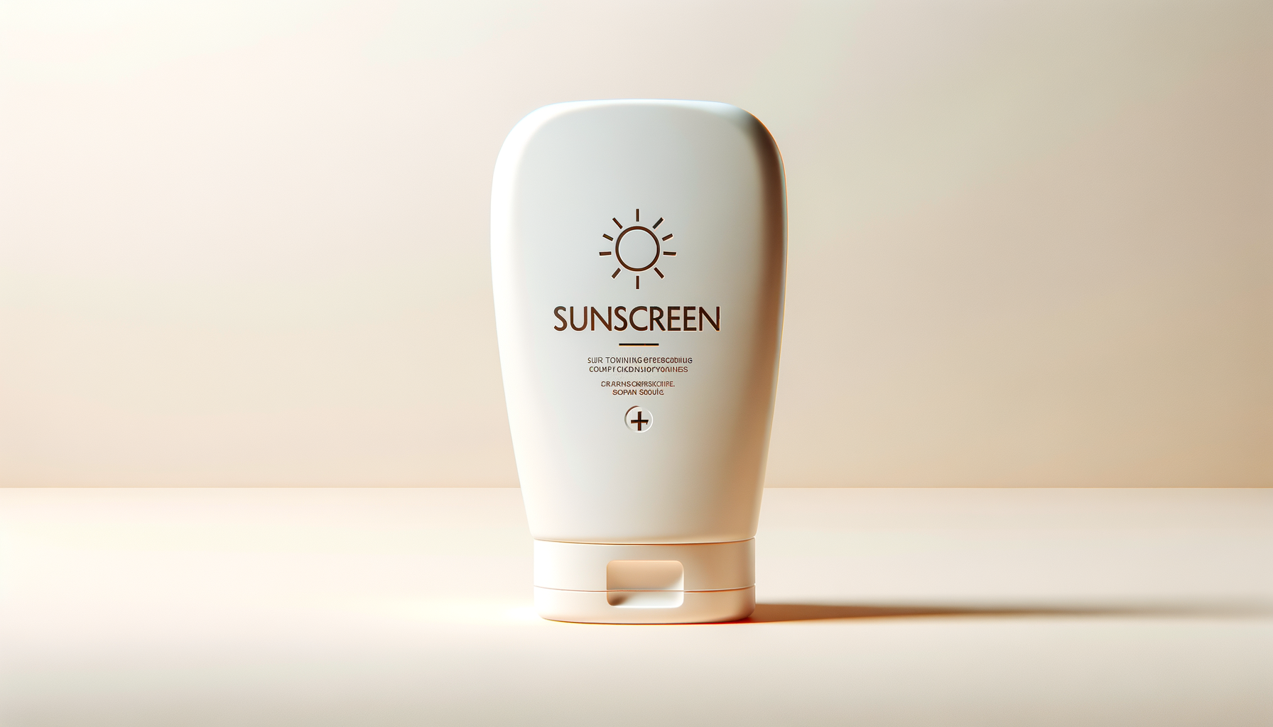 A white bottle of sunscreen with a sun icon and the word 'SUNSCREEN' on the front, placed on a light surface against a neutral background.