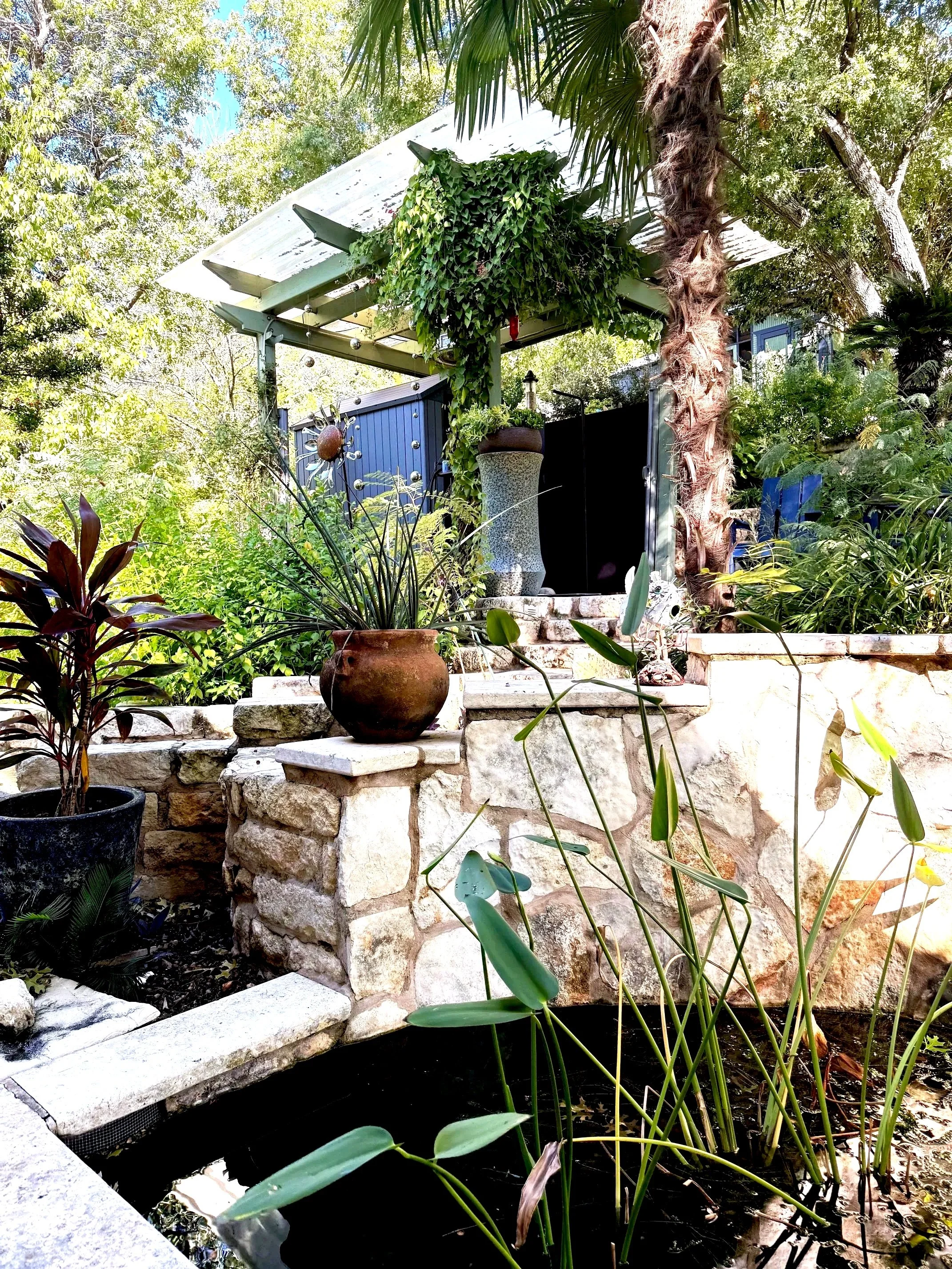 A garden scene with a stone brick pond, various potted plants, and a pond with tall green plants growing in the water. Spray Tan salon outdoor in Austin, Texas.