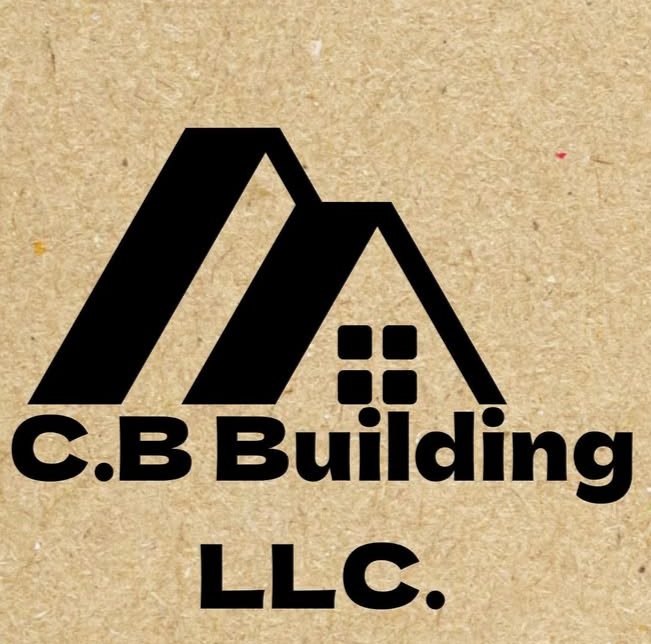 Logo of C.B Building LLC featuring a stylized black house with a triangle roof, a four-pane window, and the company name in bold black letters on a textured beige background.