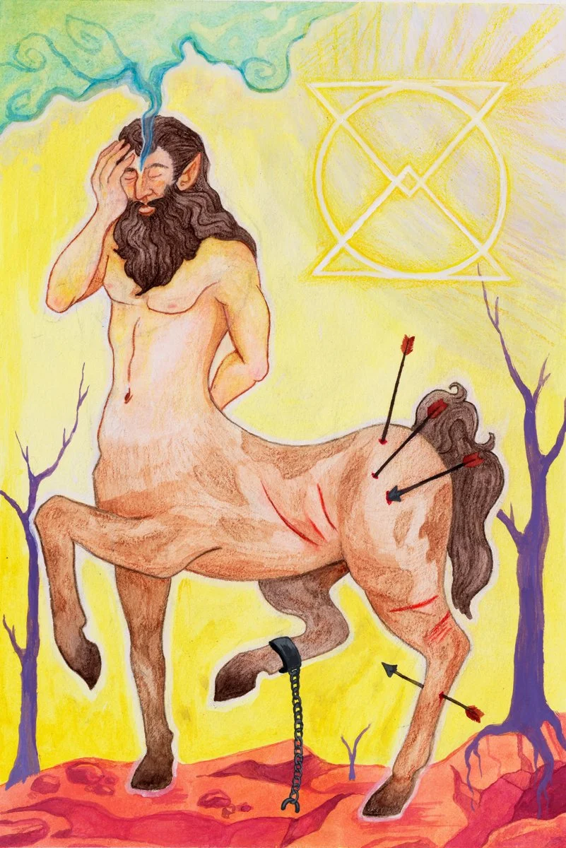 A surreal drawing of a half-human, half-horse creature with a human upper body and a horse's lower body, set in a yellow landscape with some purple trees. The creature's face shows distress, with one hand on its forehead and steam coming from its head. The horse's back has scars and arrows stuck in it, with blood visible. There is a geometric symbol emitting light in the background.