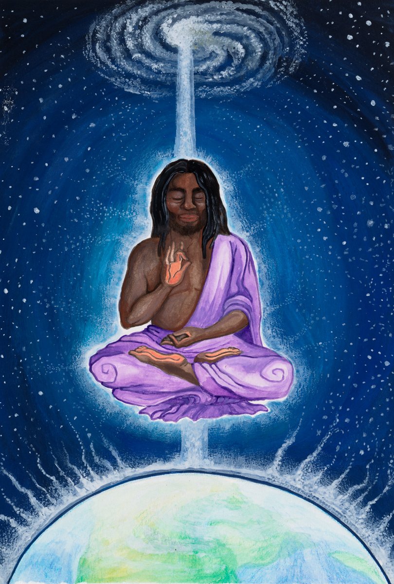 Artwork depicting a meditating man with dark hair and beard, seated cross-legged on purple robes, surrounded by a glowing aura with a cosmic background. A beam of light connects him to a galaxy above and the Earth below.