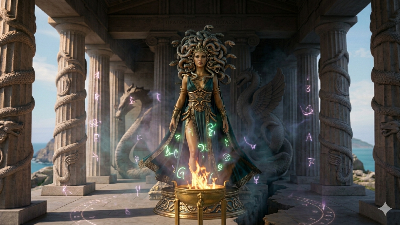 A woman dressed in ancient Greek-style armor with Medusa-like hair made of snakes stands in front of a Greek temple with a dragon and a winged creature carved into the background. She is standing over a small fire with glowing mystical symbols floating around her.