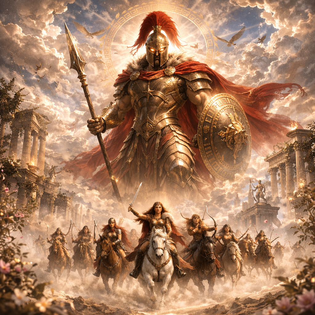 Epic fantasy battle scene with a giant armored warrior wearing a helmet with a red plume, holding a spear and shield, leading a charge of female warriors on horseback in ancient ruins under a dramatic, cloudy sky with flying birds.