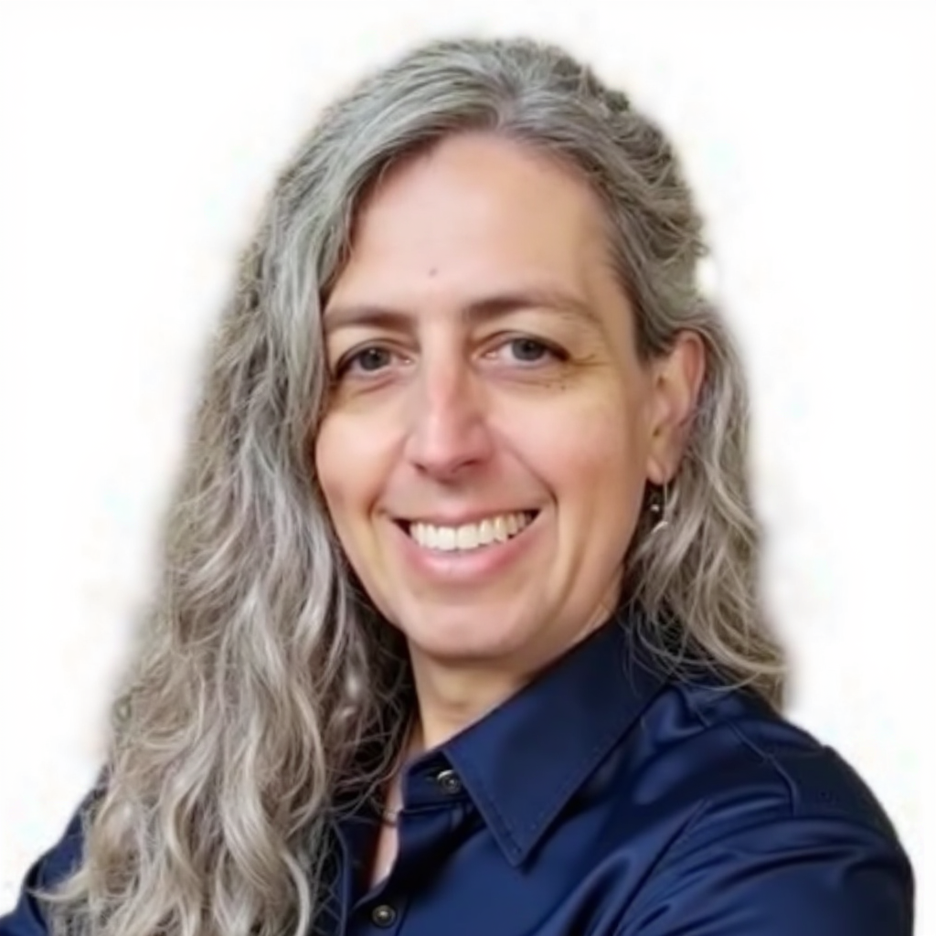 A woman with long gray hair smiling, wearing a dark blue collared shirt, against a white background.