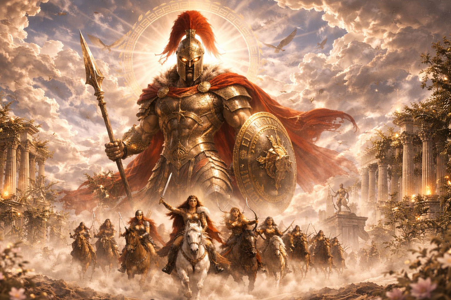 A heroic warrior in golden armor with a red cape, holding a spear and shield, leading a group of female warriors on horseback through ancient ruins surrounded by clouds and flying doves, with a glowing halo behind the warrior's head.