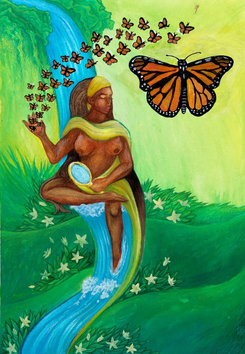 A colorful artistic depiction of a woman and butterflies near a waterfall, with a large butterfly flying nearby and flowers on the grass.