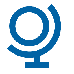 Stylized globe icon in dark blue.