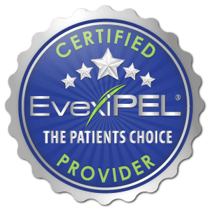 Certfied provider badge for medical services by EveXPEL, featuring a blue circular design with stars and text indicating 'Certified Provider' and 'The Patients Choice'.