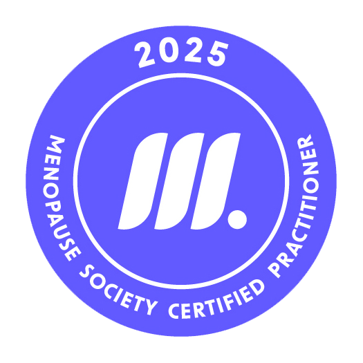 Blue circle badge with white text reading "2025 Menopause Society Certified Practitioner" and a central logo with three white vertical lines and a period.