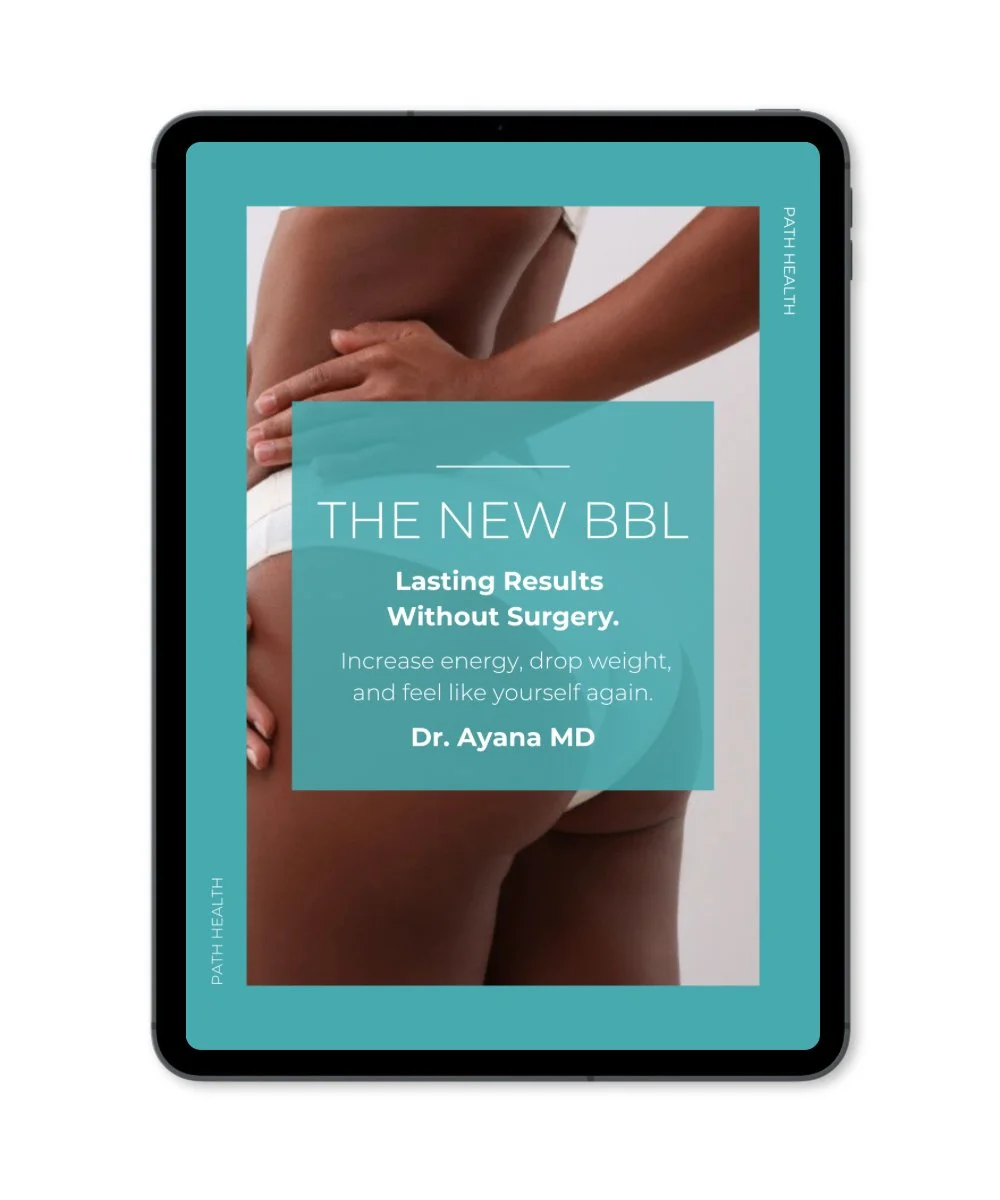 Promotional digital booklet titled 'The New BBL' with a close-up of a woman's buttocks and hand, promoting a non-surgical body transformation treatment by Dr. Ayana MD.