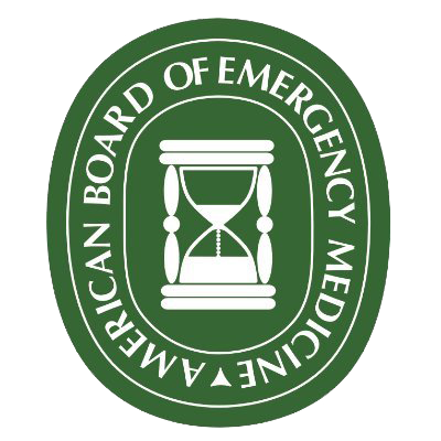 Logo of the American Board of Emergency Medicine with a green oval background and a white hourglass symbol in the center.