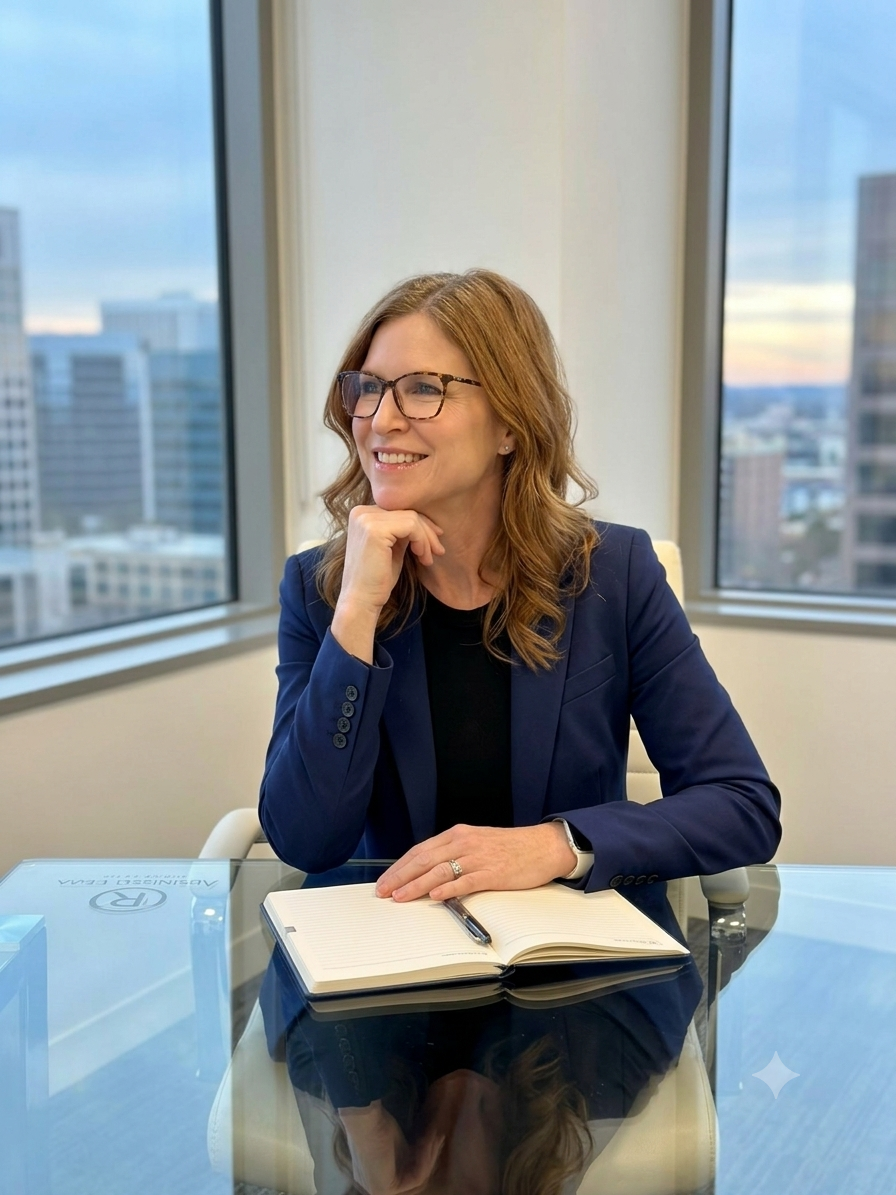A woman with glasses and wavy brown hair, wearing a navy blazer, sitting at a glass table in a modern office with large windows overlooking a cityscape, smiling and resting her chin on her hand with an open notebook in front of her.