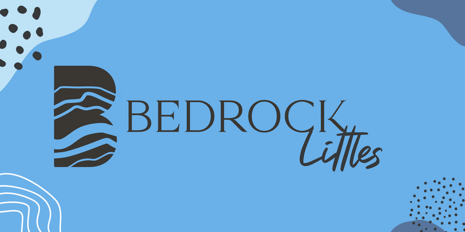 Logo for Bedrock Littles with a stylized 'B' and the text 'Bedrock Littles' on a blue background with abstract shapes.