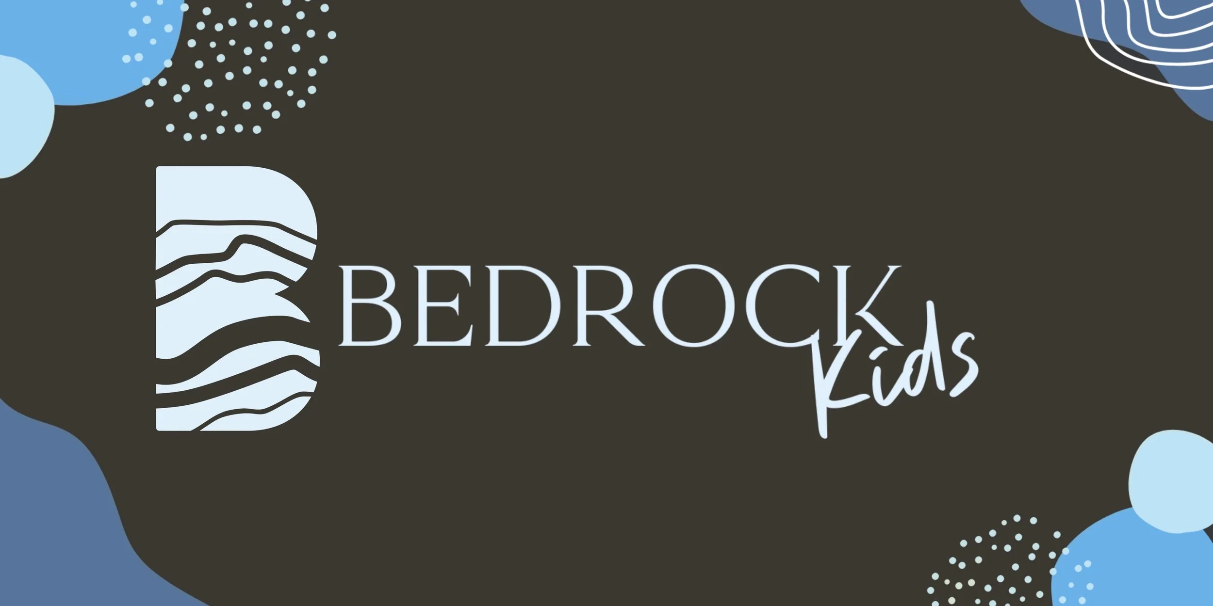 Logo for Bedrock Kids featuring a stylized 'B' with wavy black lines and the words 'Bedrock Kids' on a dark background with blue abstract shapes.