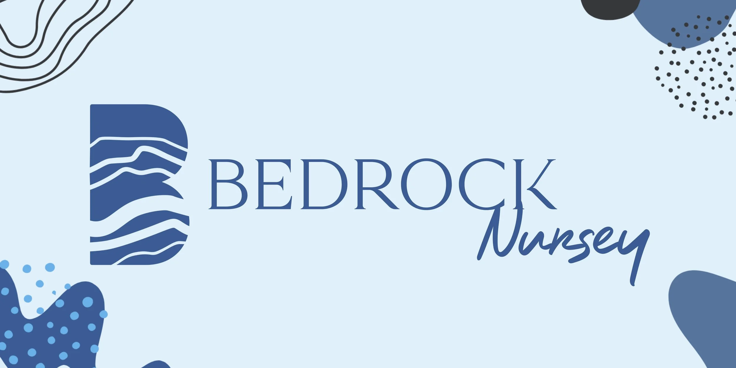 Logo for Bedrock Nursery featuring a stylized blue letter B with wavy lines, alongside the text 'Bedrock Nursery' in blue, set against a light blue background with decorative abstract shapes.