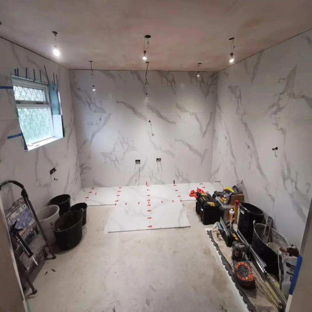 Bathroom Tiling Progress with Marble Effect Walls in Woolton Liverpool