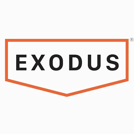 The image features a logo with the word 'EXODUS' in black uppercase letters inside an orange outlined, shield-shaped border.