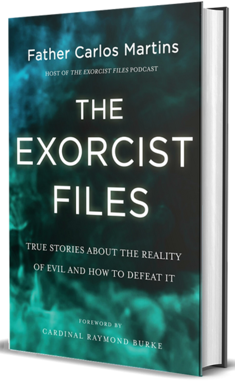 Book cover titled 'The Exorcist Files' by Father Carlos Martins, with a foreword by Cardinal Raymond Burke. The cover features a dark, cloudy background.