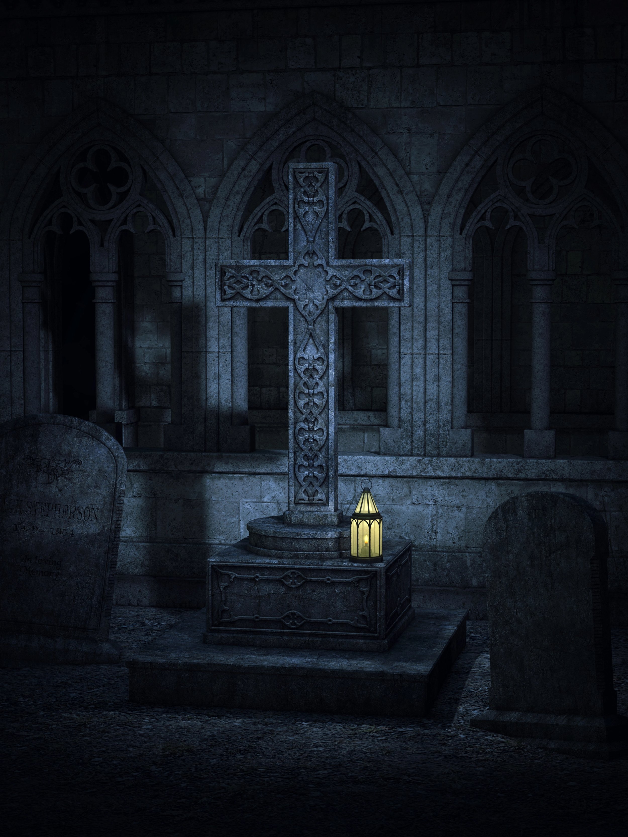 A stone cross on a pedestal inside a dark church or cathedral, with gothic arches in the background and a lit lantern in front.