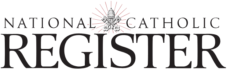 Logo with the text "National Catholic Register" and a stylized icon of a church lamp with rays of light.