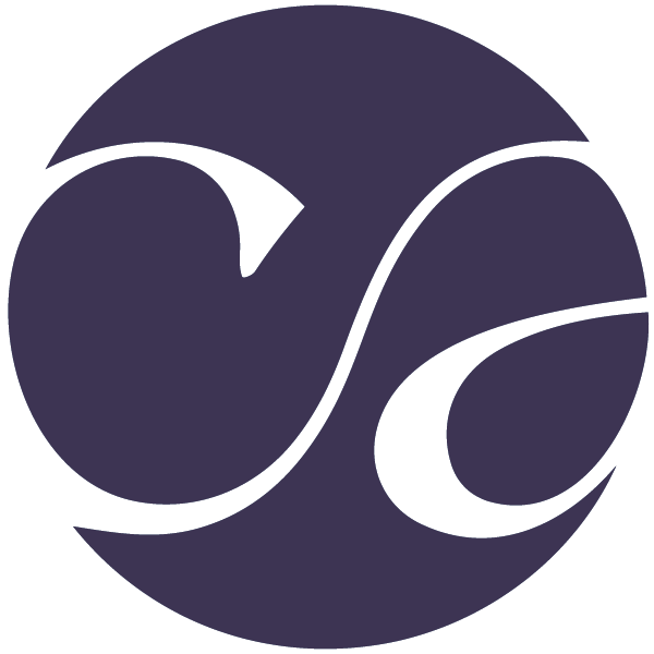 A circular graphic with abstract white curving lines on a dark purple background, resembling a stylized artistic design.