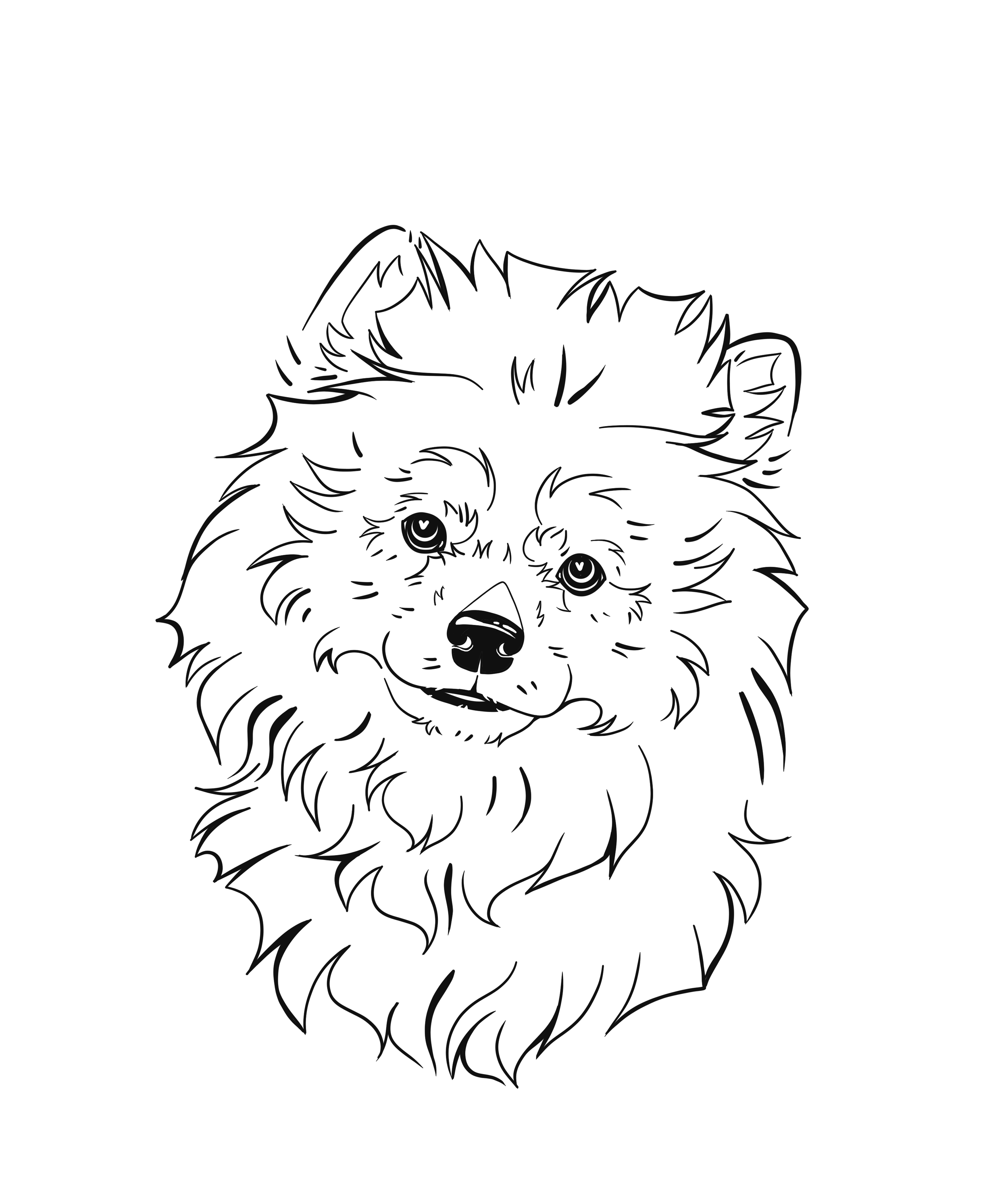 Line drawing of a fluffy dog.