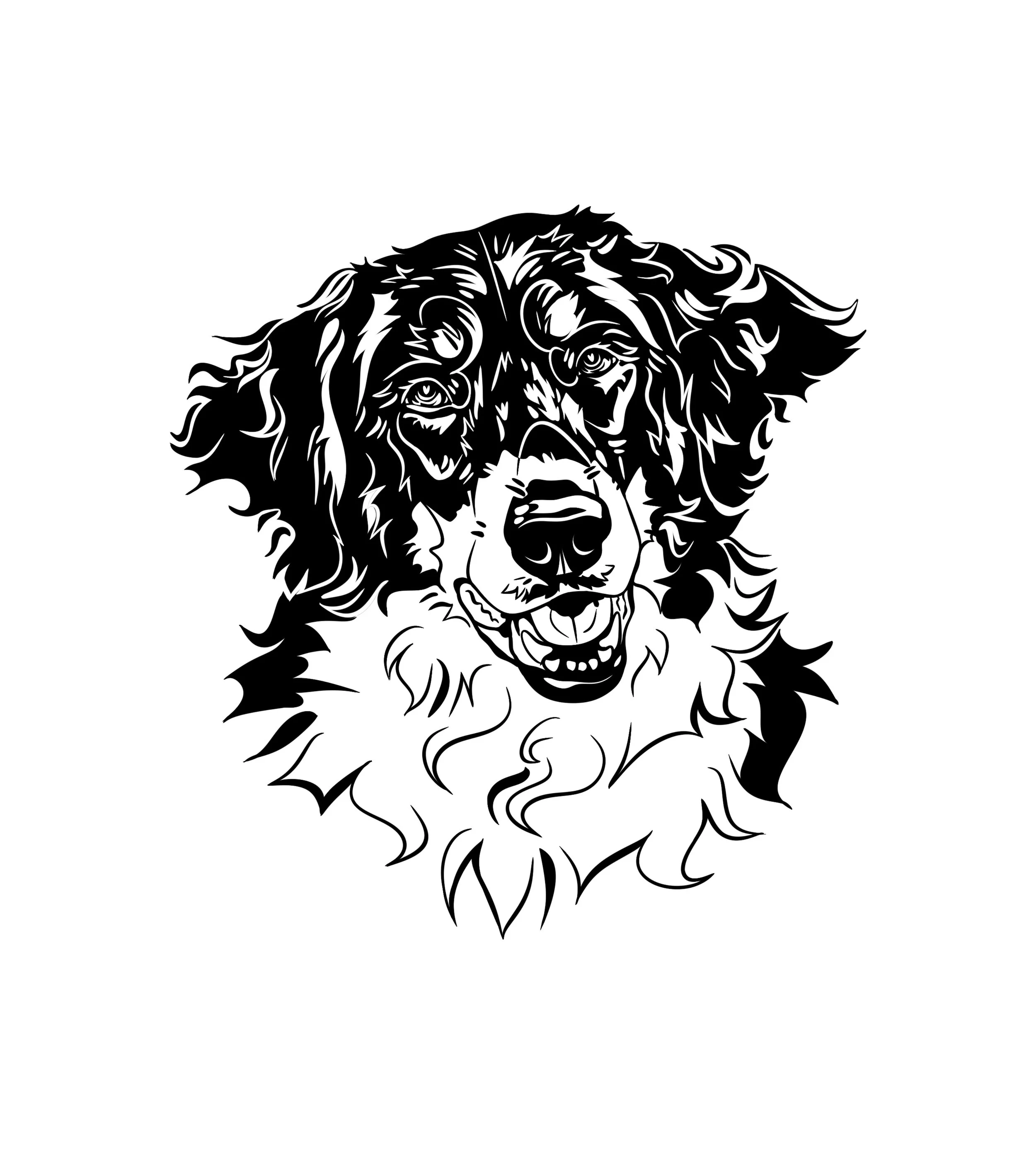 Black and white illustration of a dog, possibly a Border Collie mix, with detailed fur and a friendly expression.
