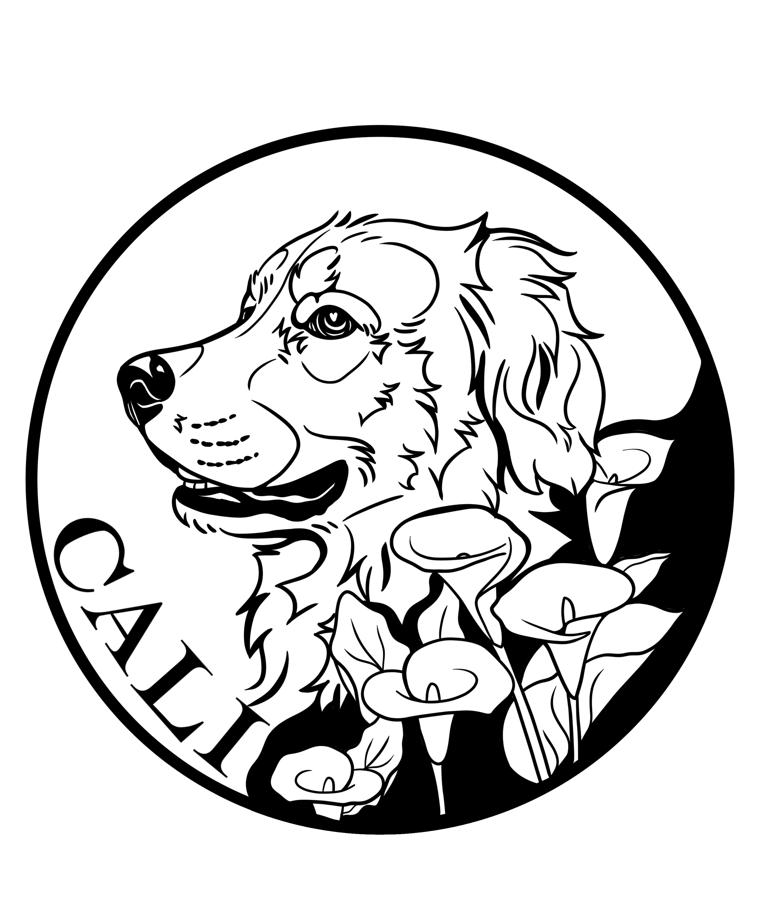 Black and white illustration of a dog's profile with flowers and the word 'CALI' inside a circular border.