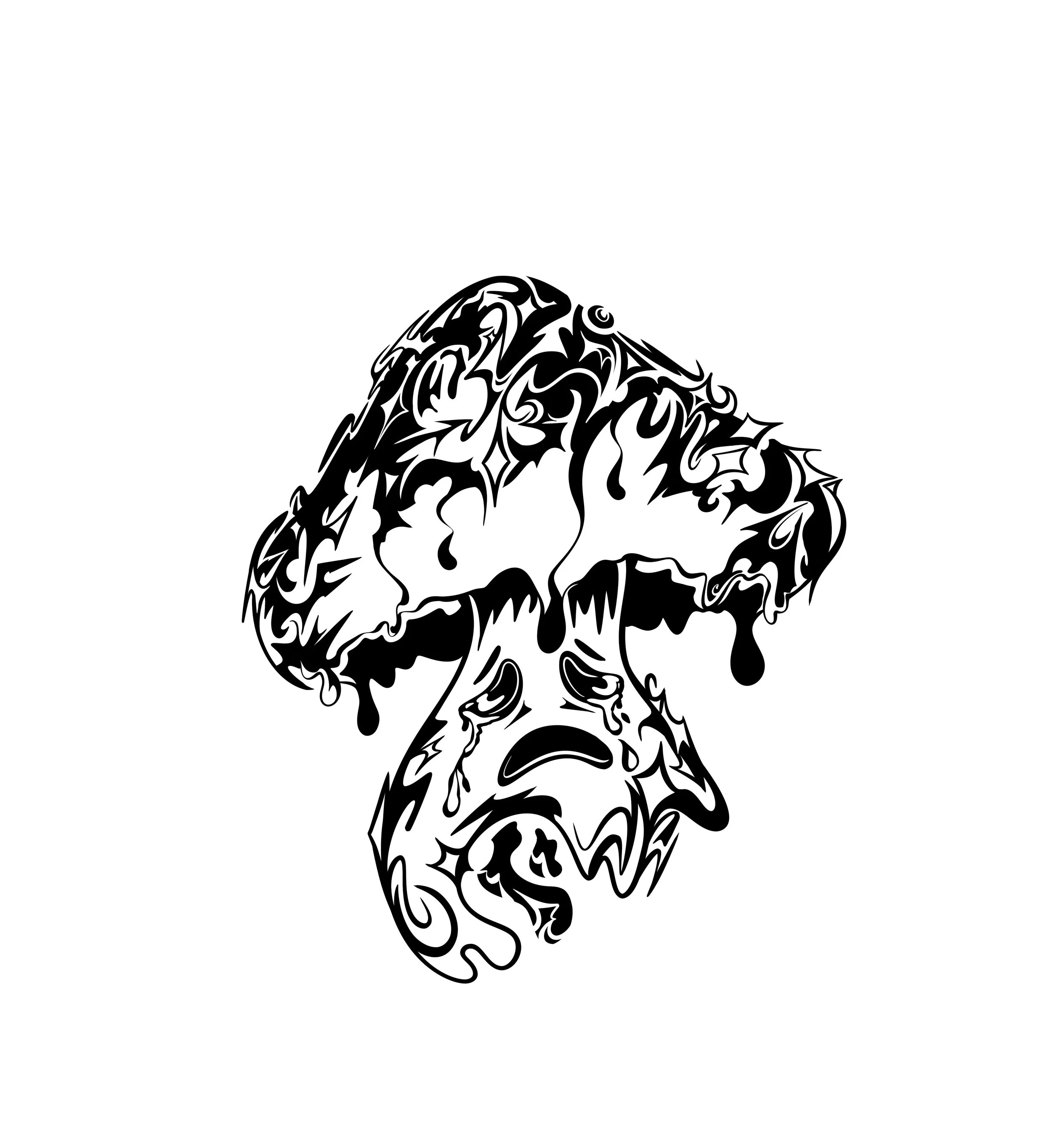 Black and white tribal art illustration of a crying mushroom with tears falling from its eyes.