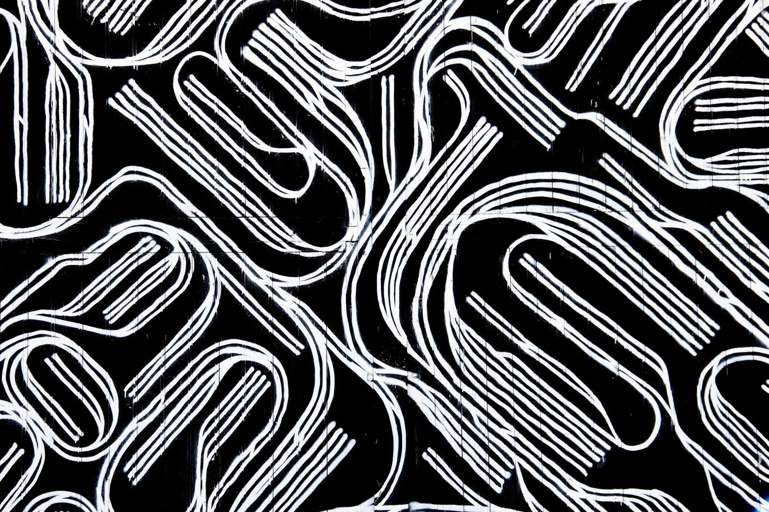 Black wall with white neon-like abstract line art patterns.