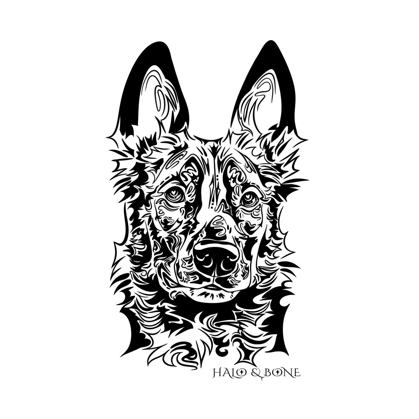 Black and white illustration of a dog's face with detailed fur and expressive eyes, labeled 'Halo & Bone' at the bottom.
