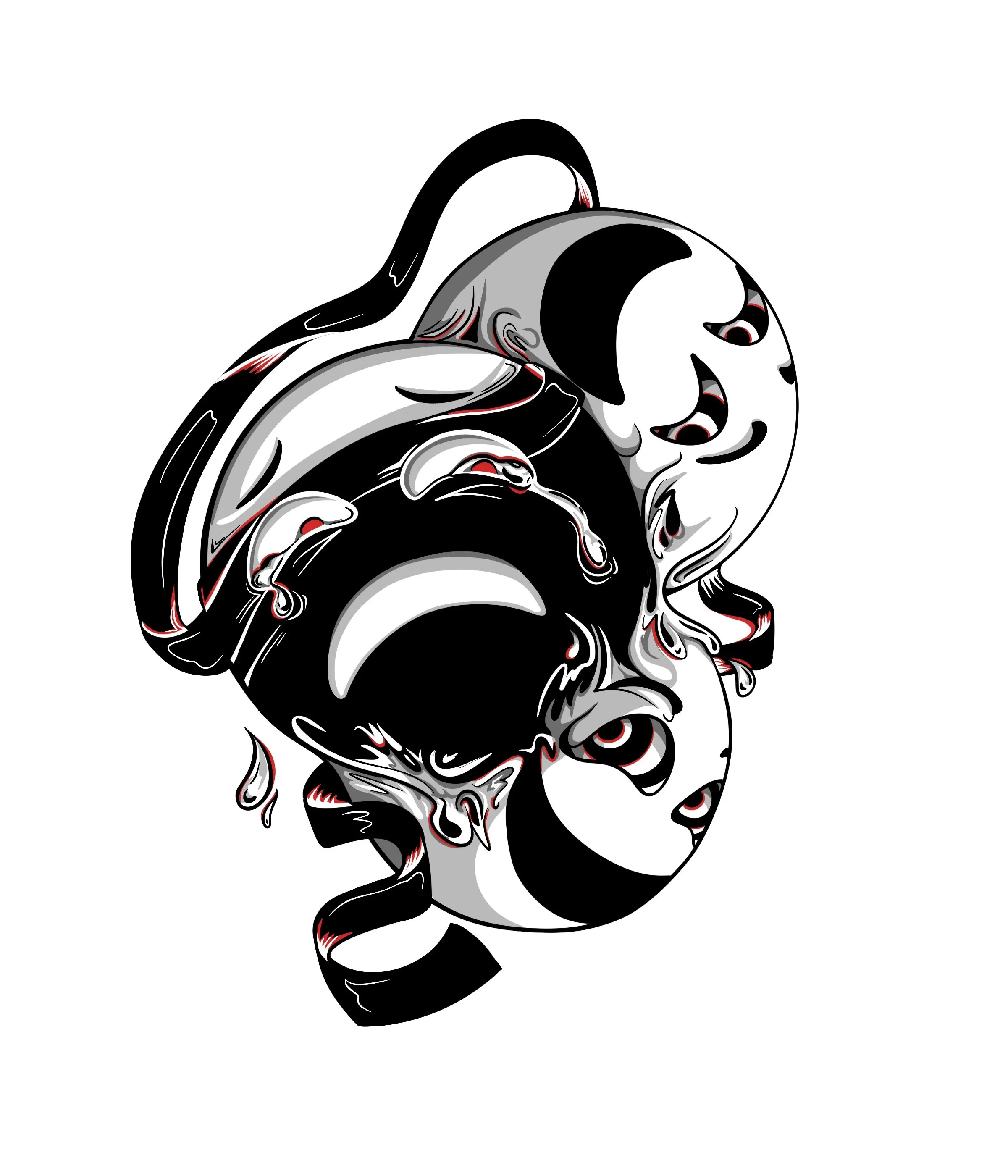 Abstract black, white, gray, and red stylized illustration with faces and swirling patterns.