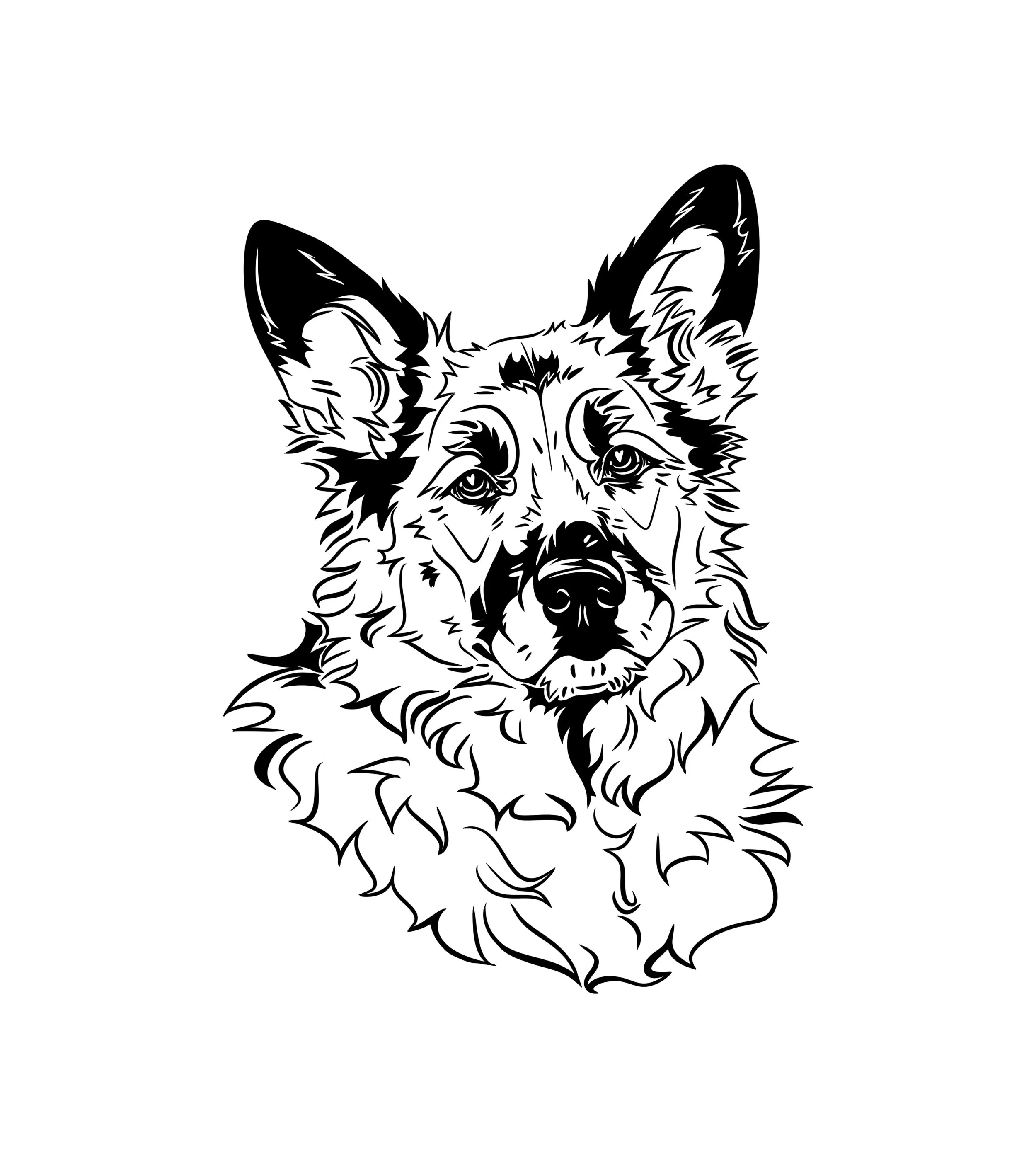 Black and white line drawing of a German Shepherd dog with detailed fur and expressive eyes, facing forward.