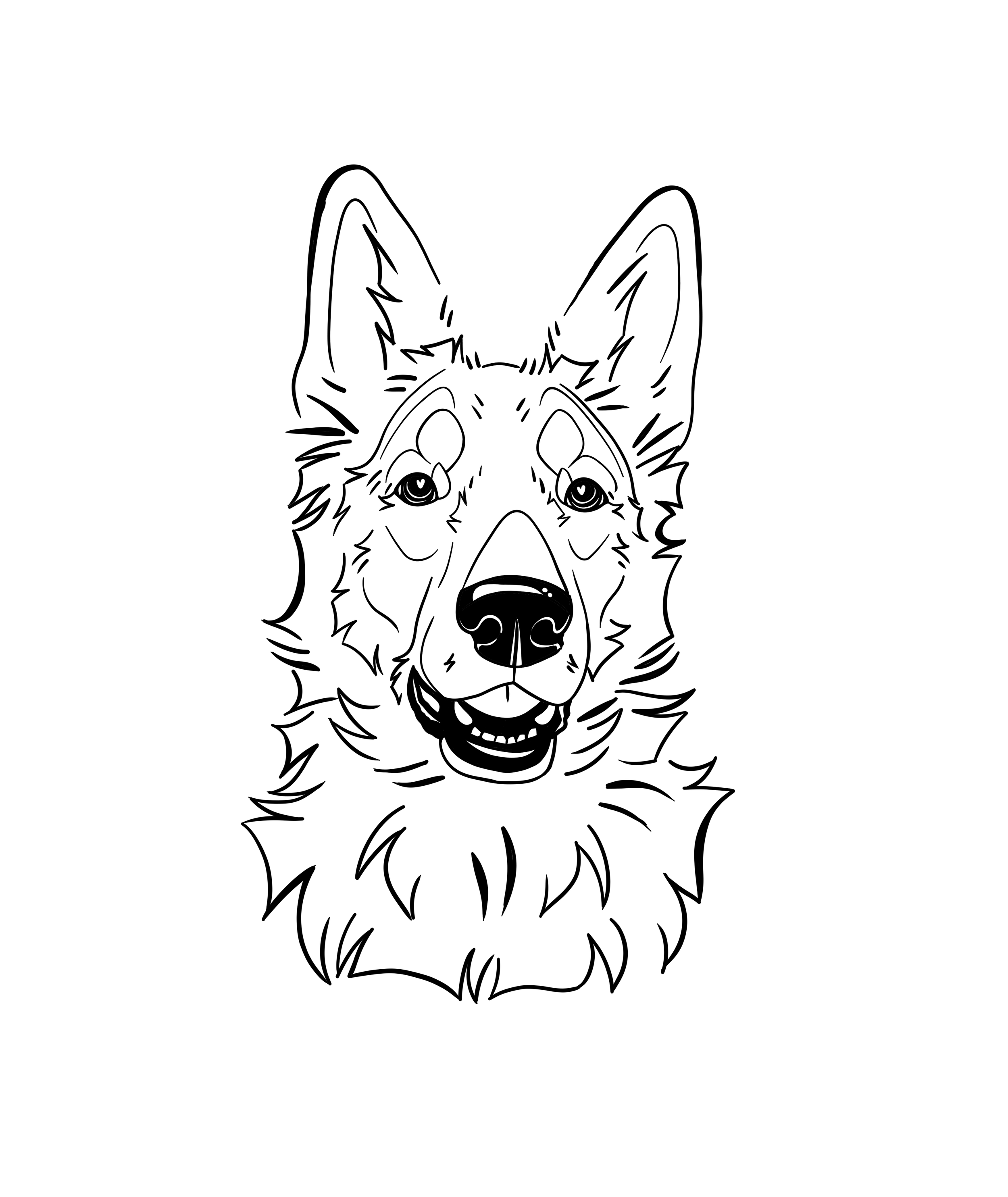 Black and white line drawing of a dog's face, resembling a German Shepherd or similar breed, with an alert expression and detailed fur.