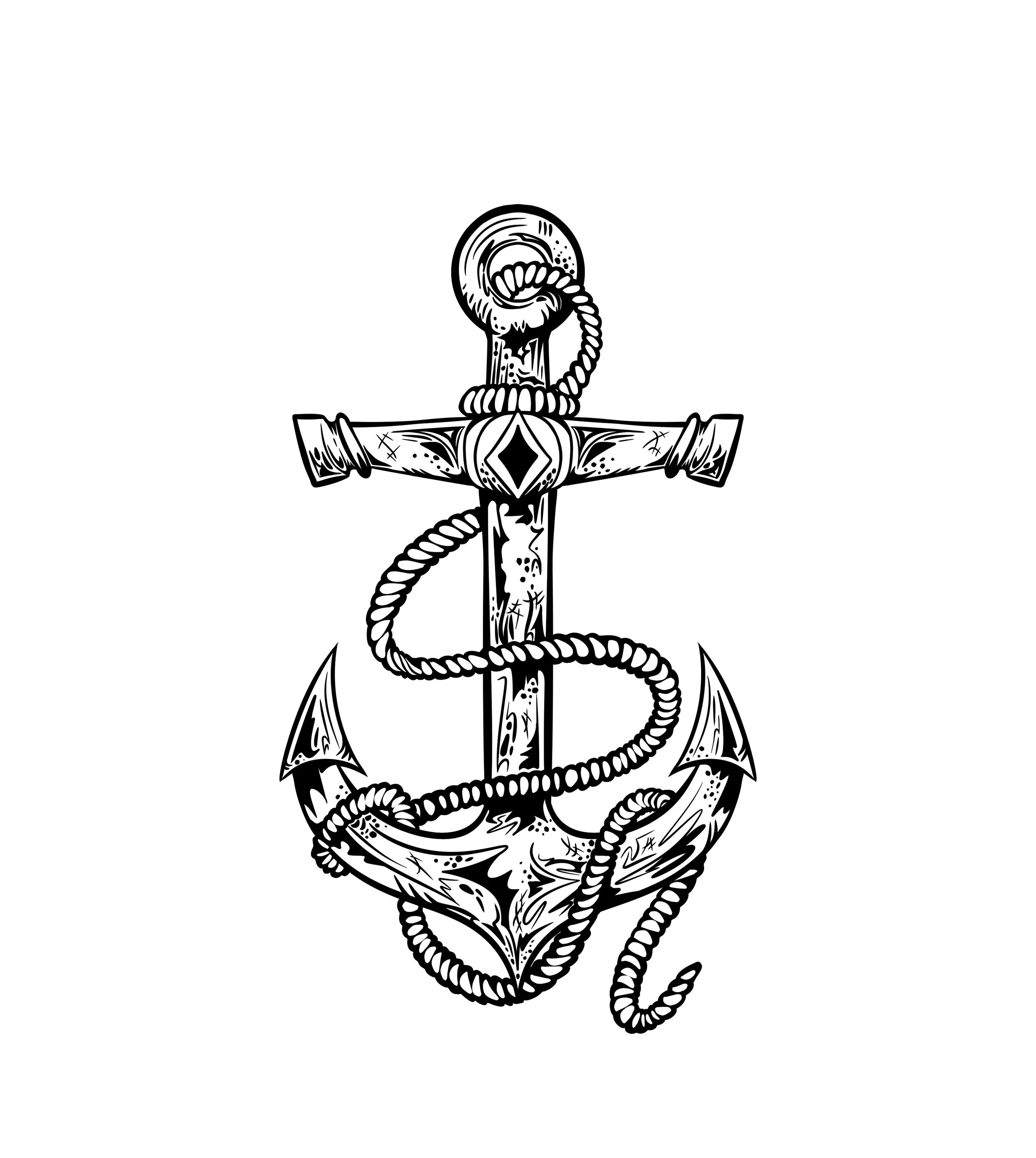 Black and white illustration of an anchor wrapped with a coiled rope.