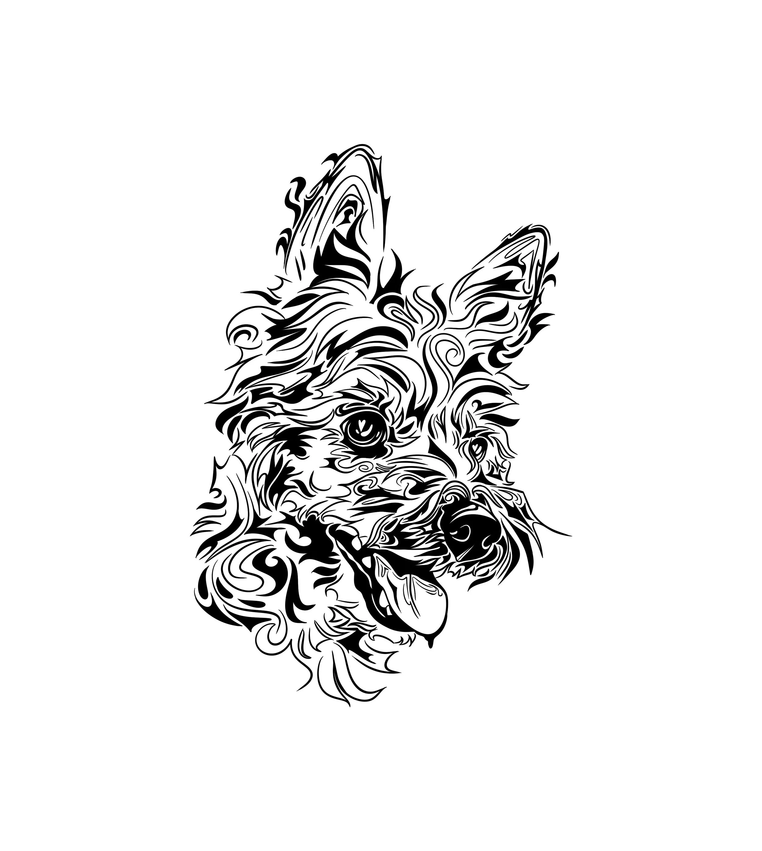 Black and white abstract line art of a fluffy dog's head.
