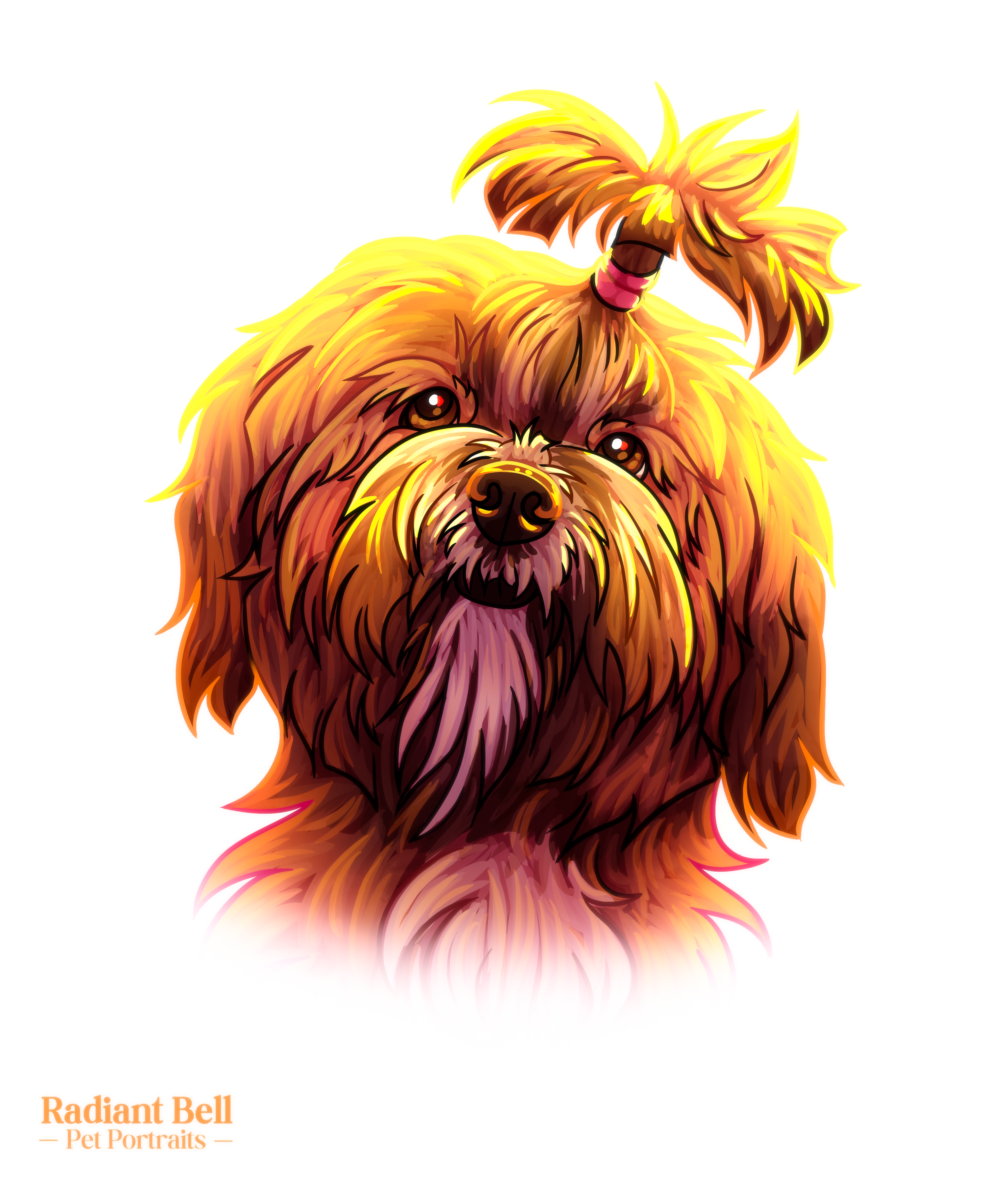 Colorful digital illustration of a fluffy dog with a topknot on its head, set against a white background.