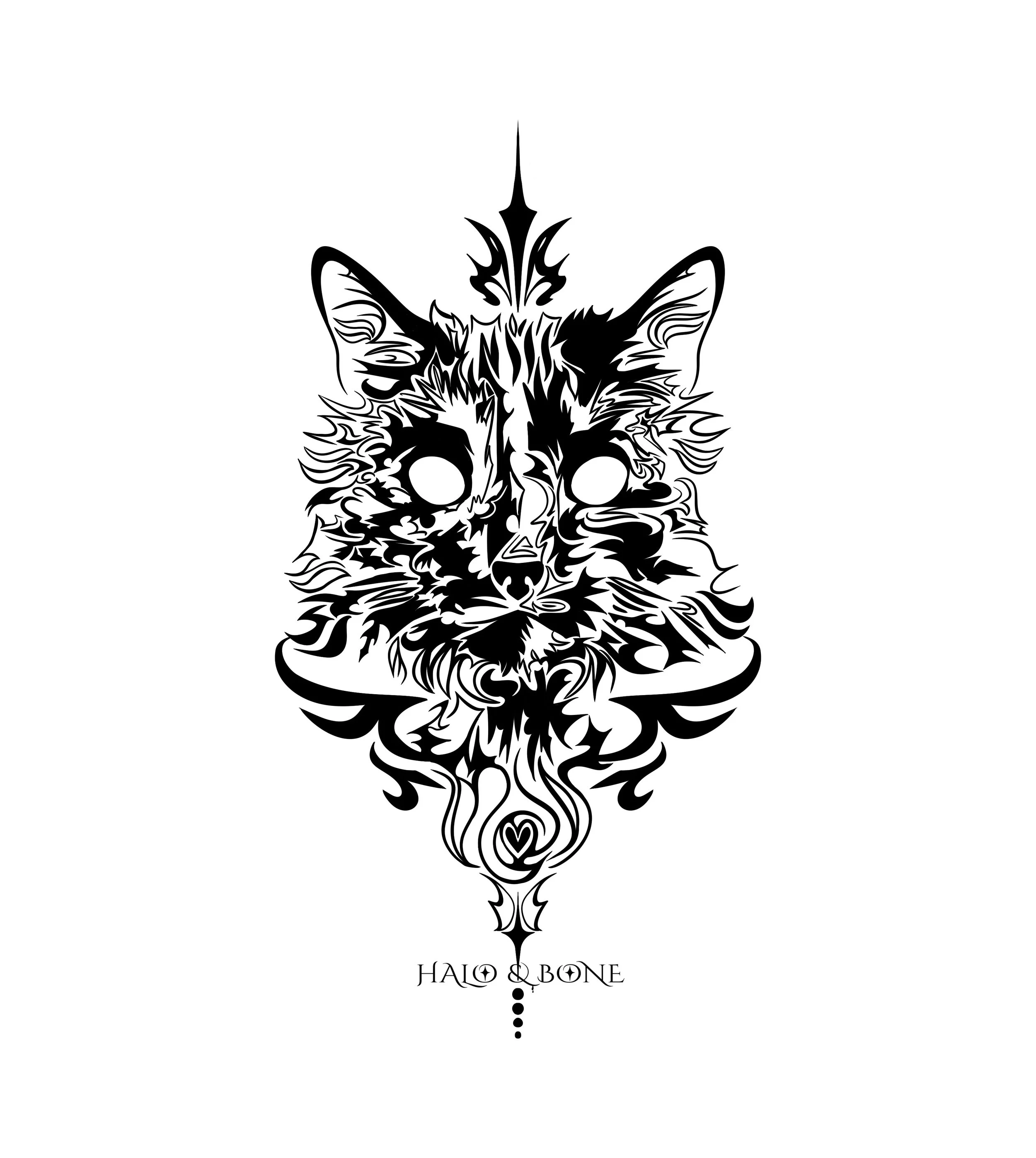 Black and white artistic illustration of a cat's face with tribal and abstract patterns, with the words "Halo & Bone" underneath.