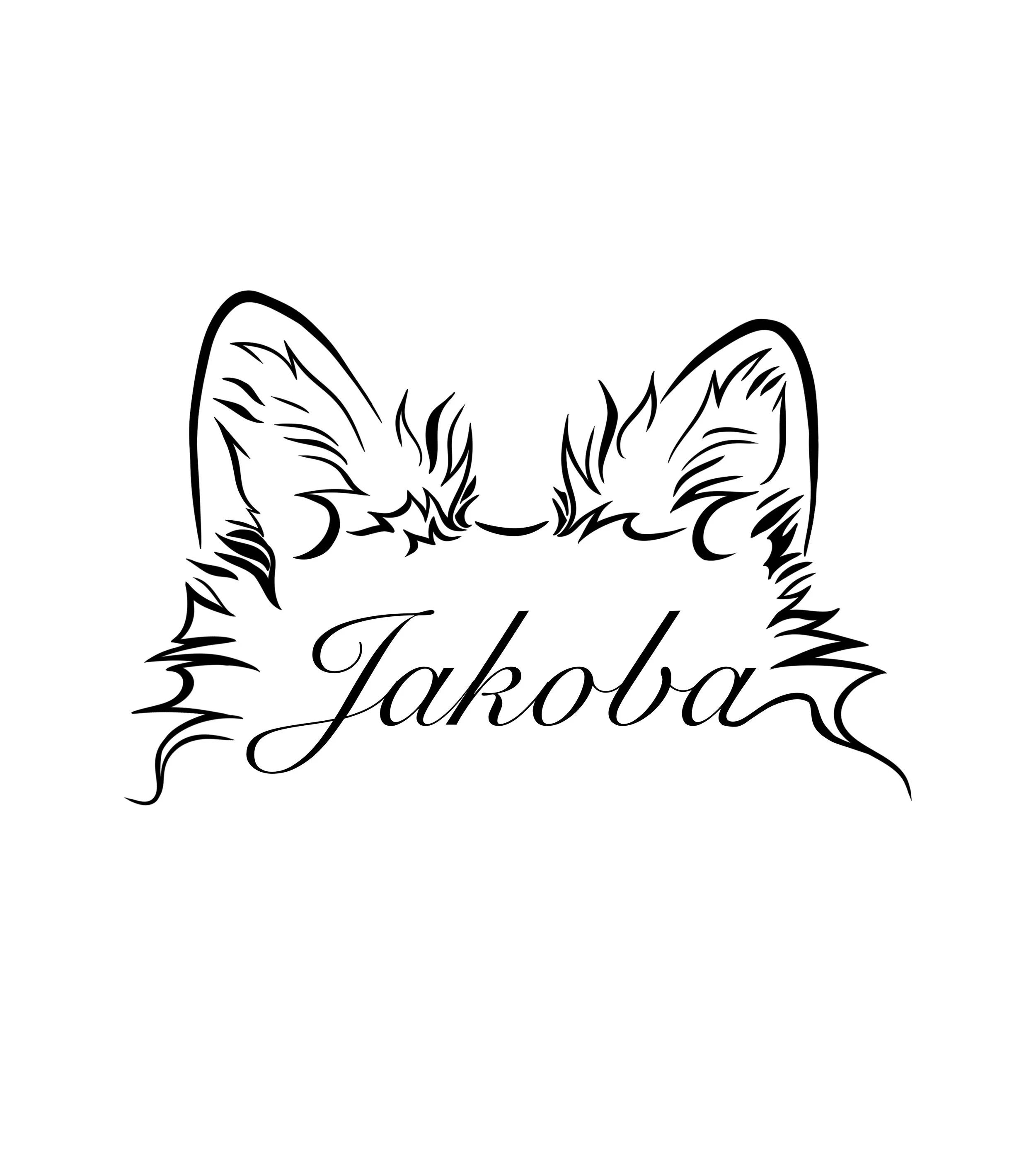 Fine line art of dog ears with cursive text "Jakoba"