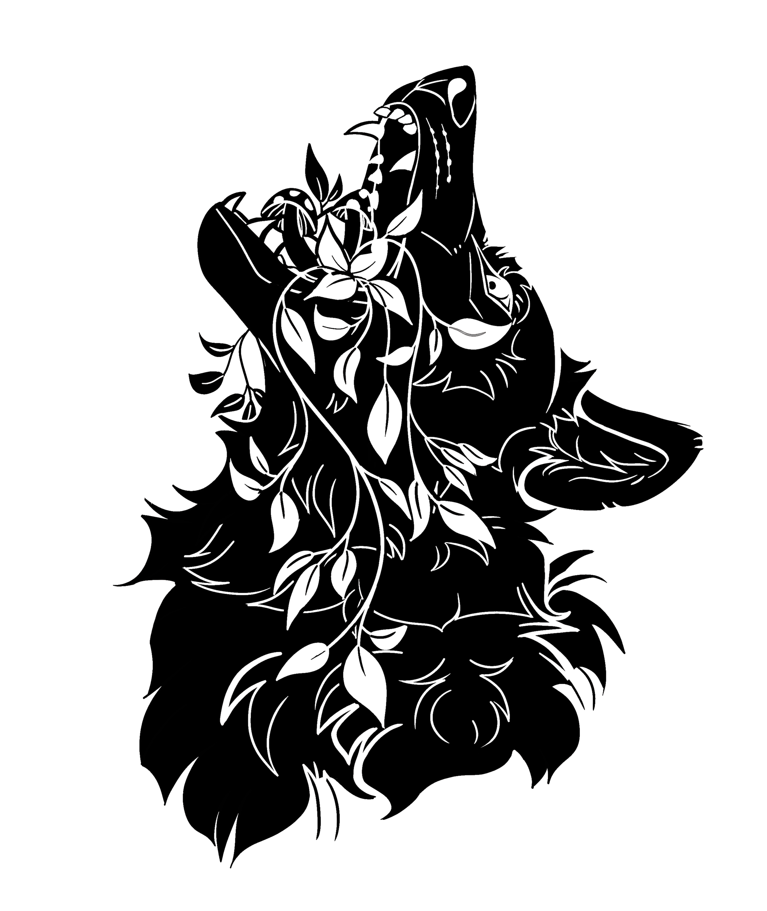 Silhouette of wolf with mushrooms and vines spilling from its mouth 