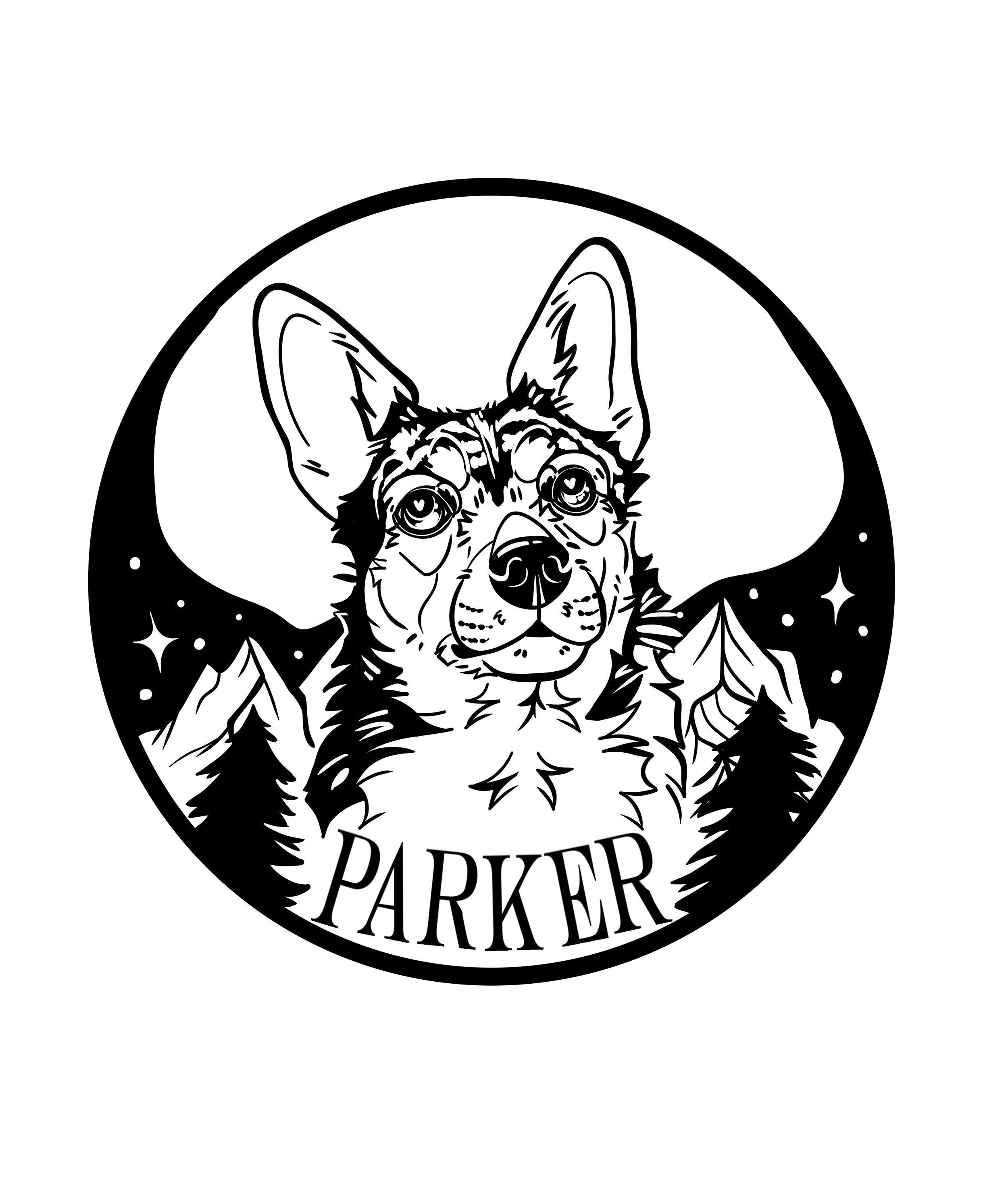 Black and white illustration of a dog's face, labeled 'PARKER,' with mountains, pine trees, and a starry night sky in the background.