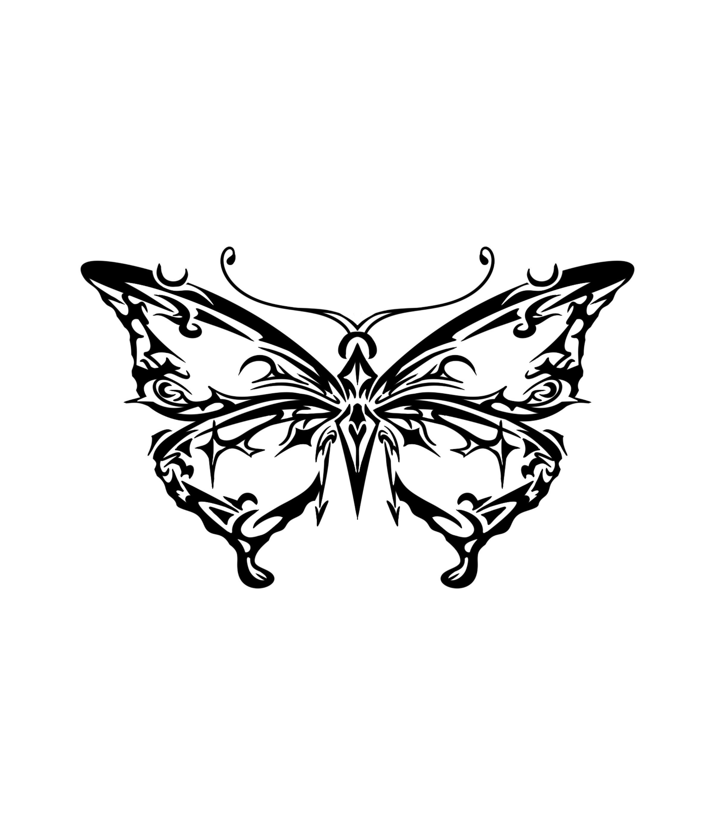 Black and white tattoo-style butterfly design on a white background.
