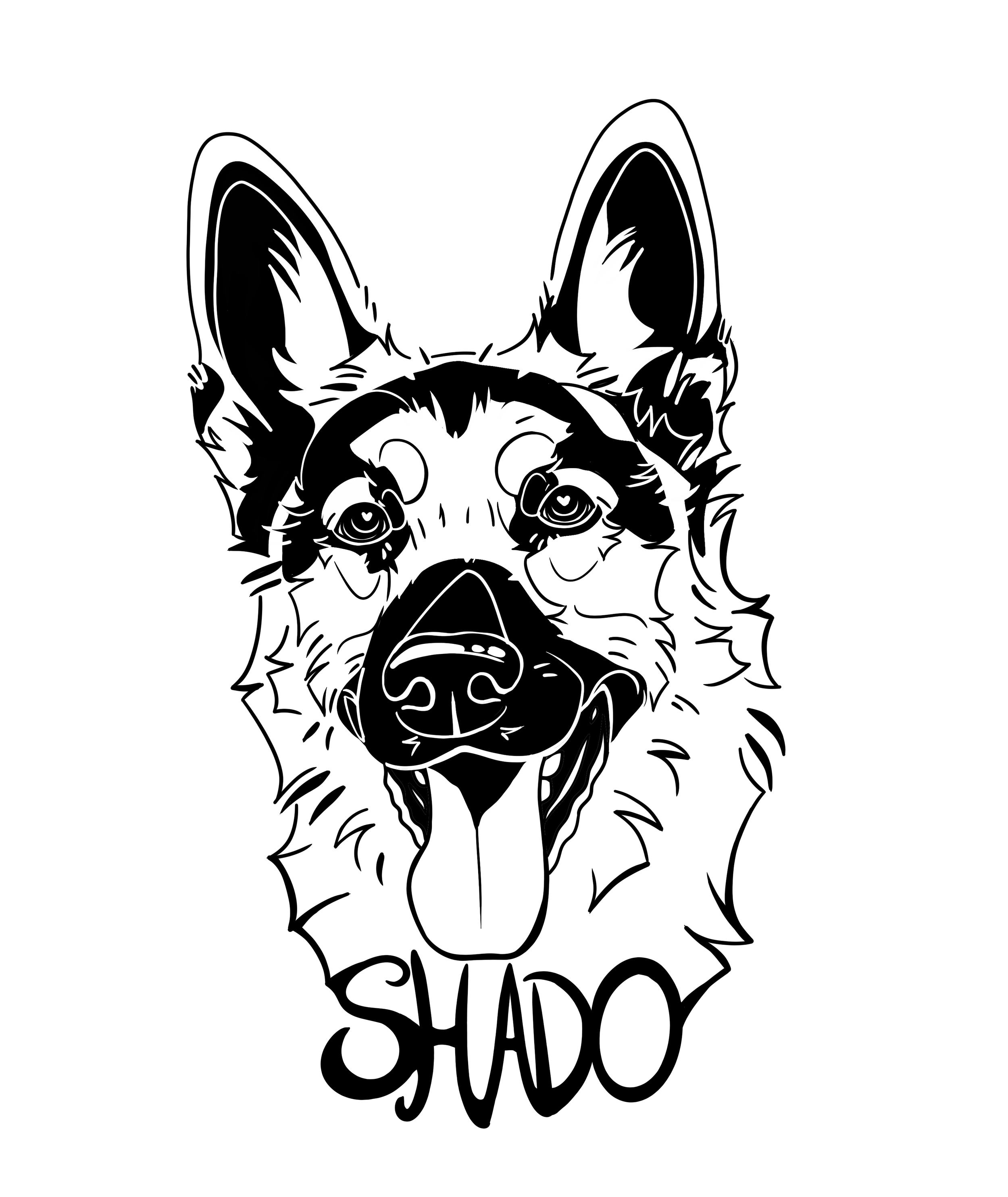 Black and white illustration of a dog's face with the name Shado written below.